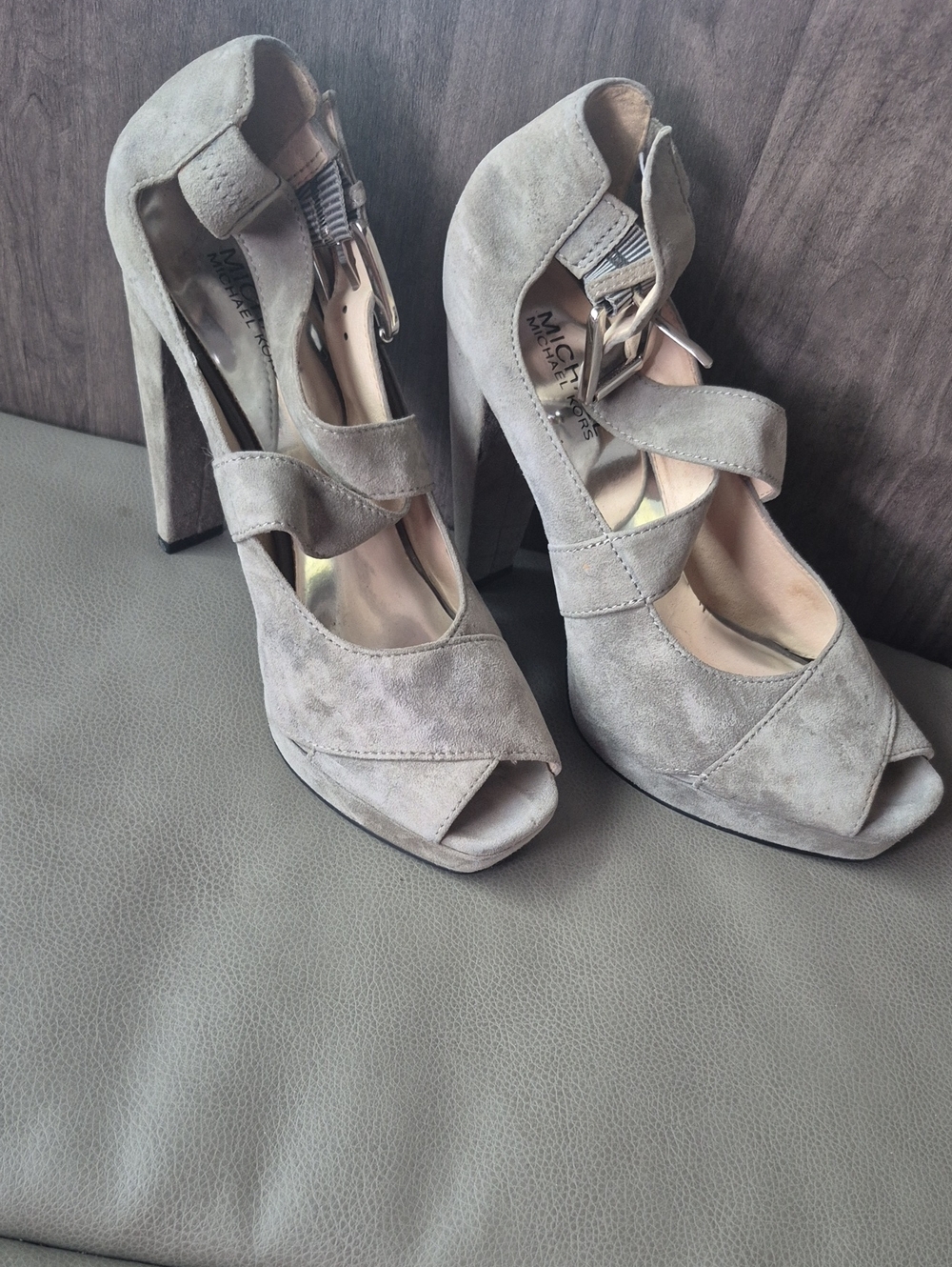 Michael Kors Taupe Suede Peep-Toe Platform Heels